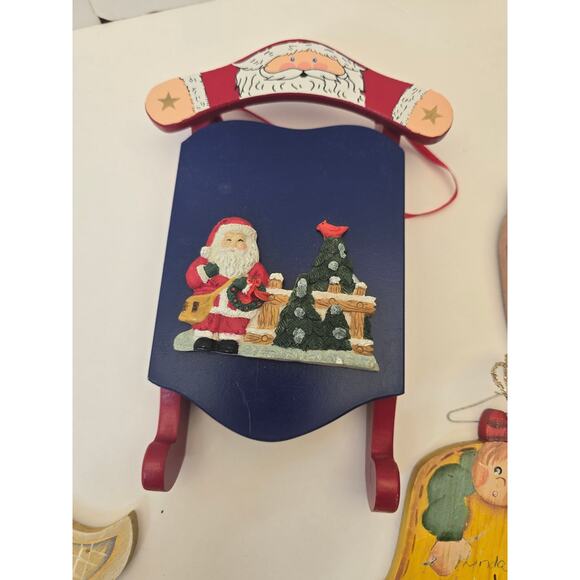 Country Primitive Wooden Ornaments Set of 5 Christmas Angels & Sled ~6" - Picture 6 of 7